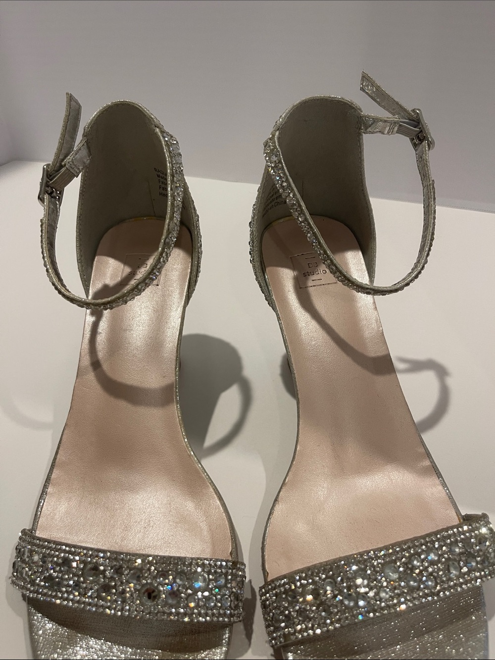 Crystal-Embellished Ankle-Strap Block Heels - Silver